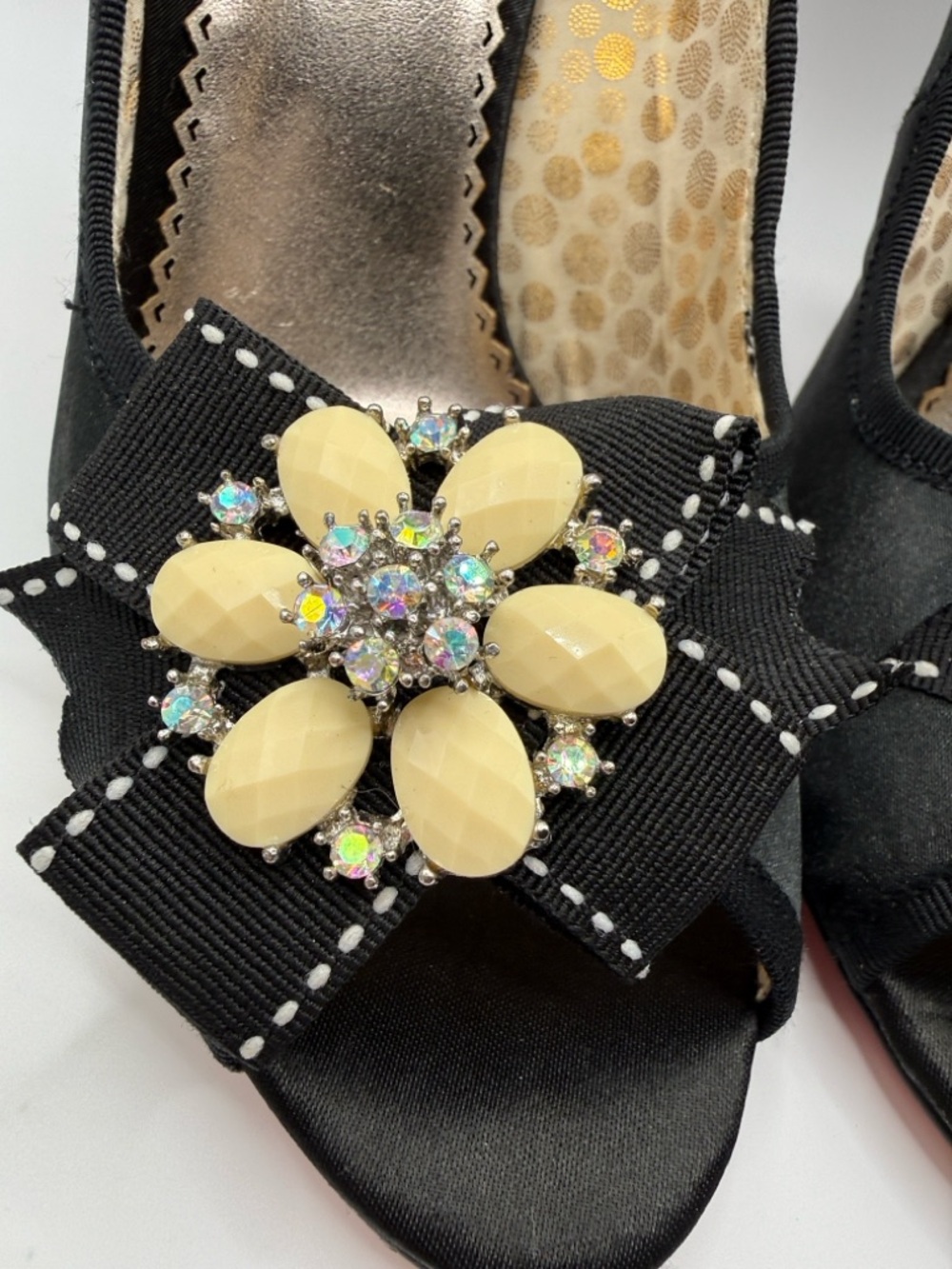 Poetic License Black Satin peep toe heels with Rhinestone Flower details